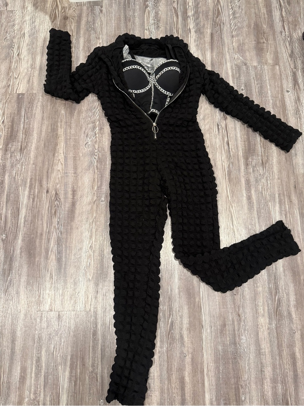 2pc Women's Black Textured Jumpsuit with Chain Bralette